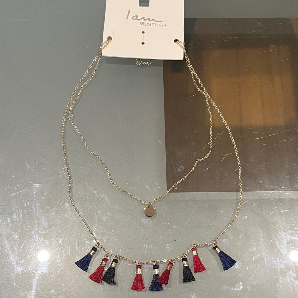 Must Have Gold Necklace with Red and Blue Tassels